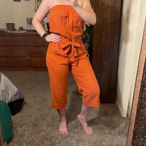 SOLD Chelsey strapless orange linen capri jumpsuit